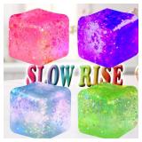 4Pack Glitter Squishy Cube - Fidget Toys for Kids, Slow Rise Stress Cubes for Adults, Ice Cube Squishy Malt Sugar Stress Balls for Anxiety Relief & Classroom Fidget(Blue/Pink/Purple/Green)