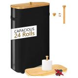 Toilet Paper Storage Basket Bamboo Lid - with Built-in Toilet Paper Holder & Stretchable Handle - Slim Tall for Foldable Free Standing Organizer with Wheels - 47L Bathroom Storage Bag - Black