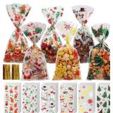 TOEKSIX Christmas Cellophane Treat Bags, 180pcs Christmas Treat Bags with 200pcs Gold Twists for Snacks Cookies Candies Packing, Candy Goodie Bags Party Favor Supplies