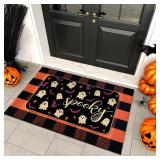 Halloween Outdoor Rug Set, Boo Door Mat 28 x 43 in, 2 Pcs Welcome Mat Set, Halloween Bats Rug, Black Doormat, Halloween Front Porch Doormats, Orange and Black Buffalo Plaid Mats for Outdoor Decor