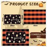 Halloween Outdoor Rug Set, Boo Door Mat 28 x 43 in, 2 Pcs Welcome Mat Set, Halloween Bats Rug, Black Doormat, Halloween Front Porch Doormats, Orange and Black Buffalo Plaid Mats for Outdoor Decor