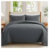 Safonory Quilt Set Full/Queen Size(90"x96", Dark Grey) - Summer Thin Soft Striped Pattern Quilted Bedspread for Queen Bed - 3 Pieces Lightweight Gray Coverlet Bedding Set(1 Quilt, 2 Shams)