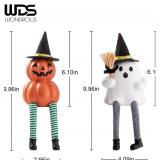 WDS WONDROUS Halloween Decoration-2 Pack Ghost Figurine & Pumpkin Statues for Indoor Mantle Shelf Sitters Table Decor, Cute Resin Pumpkin Ghost Sculpture with Hats, Legs and Broom, Spooky Gift