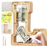 Letter Piggy Bank for Kids Boys Girls Wooden Personalized Piggy Banks A-Z Double Clear Alphabet Banknote Coin Banks for Gift Decoration Baptism(L)