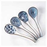 Ceramic Soup Spoons Set of 4, Ramen Spoons for Pho, Noodle, Dessert Serving Spoon Set, Japanese Asian Soup Spoon, Microwave Safe, Blue White