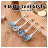 Ceramic Soup Spoons Set of 4, Ramen Spoons for Pho, Noodle, Dessert Serving Spoon Set, Japanese Asian Soup Spoon, Microwave Safe, Blue White