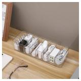 Yesesion Clear Plastic Cable Organizer Box with Adjustment Compartments, Desk Accessories Storage Case with 10 Wire Ties for Drawer, Office Supplies, Electronic Management, Battery and Charger
