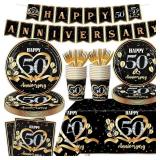 50th Anniversary Decorations Tableware Set, 142Pcs Black Gold 50th Anniversary Plates and Napkins,Cups,Banner,Happy 50th Anniversary Tablecloth for 50th Wedding Anniversary Party Supplies