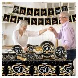 50th Anniversary Decorations Tableware Set, 142Pcs Black Gold 50th Anniversary Plates and Napkins,Cups,Banner,Happy 50th Anniversary Tablecloth for 50th Wedding Anniversary Party Supplies