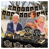 50th Anniversary Decorations Tableware Set, 142Pcs Black Gold 50th Anniversary Plates and Napkins,Cups,Banner,Happy 50th Anniversary Tablecloth for 50th Wedding Anniversary Party Supplies
