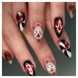 Almond Halloween Press on Nails Medium Fake Nails Joker Pearls Designs False Nail Press Ons Black Blood Black White Stick on Nails Full Cover Artificial Nail Gift for Women 24pcs
