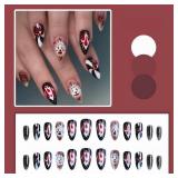Almond Halloween Press on Nails Medium Fake Nails Joker Pearls Designs False Nail Press Ons Black Blood Black White Stick on Nails Full Cover Artificial Nail Gift for Women 24pcs