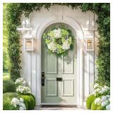 Valery Madelyn Spring Summer Wreaths for Front Door with Lights, Silk Green White Hydrangeas Floral Wreath with Eucalyptus Leaves Butterfly for Fall Home Porch Window Party Wedding Wall Decor-18