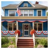 Eurzom 3 Pack Veterans Day Patriotic Decorations Include 2 American Pleated Fan Flags and 32.8 ft Red White Blue Bunting Banner for Veterans Labor Memorial Day Outdoor Porch Garden Decorations