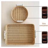 Rectangular Woven Basket with Wooden Handles, Small Serving Tray Set for Kitchen, Picnic, Fruit, and Home Decor, Round Storage Basket for Organization, 2-Piece, Imitation Rattan Plastic Material