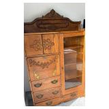 Vintage Victorian carved tiger oak side-by-side secretary desk and bookcase notched wooden shelves 72x43x13