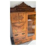 Vintage Victorian carved tiger oak side-by-side secretary desk and bookcase notched wooden shelves 72x43x13