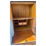 Vintage Victorian carved tiger oak side-by-side secretary desk and bookcase notched wooden shelves 72x43x13