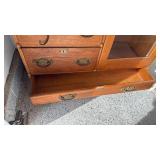 Vintage Victorian carved tiger oak side-by-side secretary desk and bookcase notched wooden shelves 72x43x13
