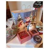 Merry Christmas sign, tins, snow, red snd green shred