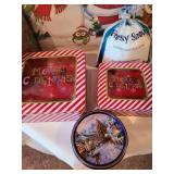 Merry Christmas sign, tins, snow, red snd green shred