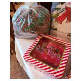 Merry Christmas sign, tins, snow, red snd green shred