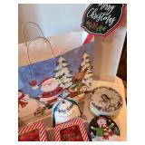 Merry Christmas sign, tins, snow, red snd green shred