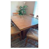 High top table w/cabinet has beveled glass top 30x48x36, 6 chairs 40x20 seat 24 in (chairs have plastic covers)