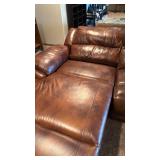 4 pc leather sectional with recliner, lounger and cup holders with furniture care kit (few cat scratches) 36x124x36 total, located in basement