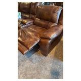 4 pc leather sectional with recliner, lounger and cup holders with furniture care kit (few cat scratches) 36x124x36 total, located in basement