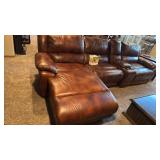 4 pc leather sectional with recliner, lounger and cup holders with furniture care kit (few cat scratches) 36x124x36 total, located in basement