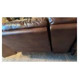 4 pc leather sectional with recliner, lounger and cup holders with furniture care kit (few cat scratches) 36x124x36 total, located in basement