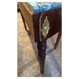 Half moon entry table with stone top 31x47x21.5 located in basement