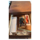 Husqvarna Viking 400 computer sewing machine, cover and sewing cabinet and accessories 30x70x20.5 fully extended located in basement