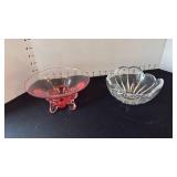 Depression pink glass 3 footed bowl with crystal bowl