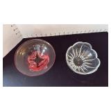 Depression pink glass 3 footed bowl with crystal bowl