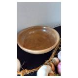 Wood bowl with ceramic fruit on rope