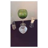 Footed green vase,bell, crystal and glass vases