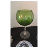 Footed green vase,bell, crystal and glass vases