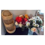 Rattan basket, 2 cases with floral stems