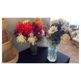 Rattan basket, 2 cases with floral stems