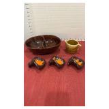 Vintage Mar-Crest brown daisy divided dish, handmade sauce-dip dishes and creamer