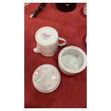 American Limoges Flowers creamer and sugar bowl with china cups and a coffee grinder