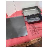 Loaf pan with drain tray, cake pan, cookie sheet, tongs