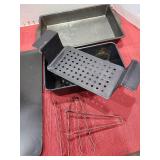 Loaf pan with drain tray, cake pan, cookie sheet, tongs