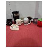 Coffee grinder, strawberry sugar bowl, mugs
