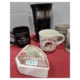 Coffee grinder, strawberry sugar bowl, mugs