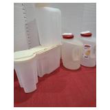 Plastic jugs and storage containers.