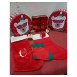 Christmas stockings, tins, wrapped boxes.