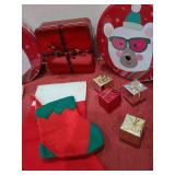 Christmas stockings, tins, wrapped boxes.